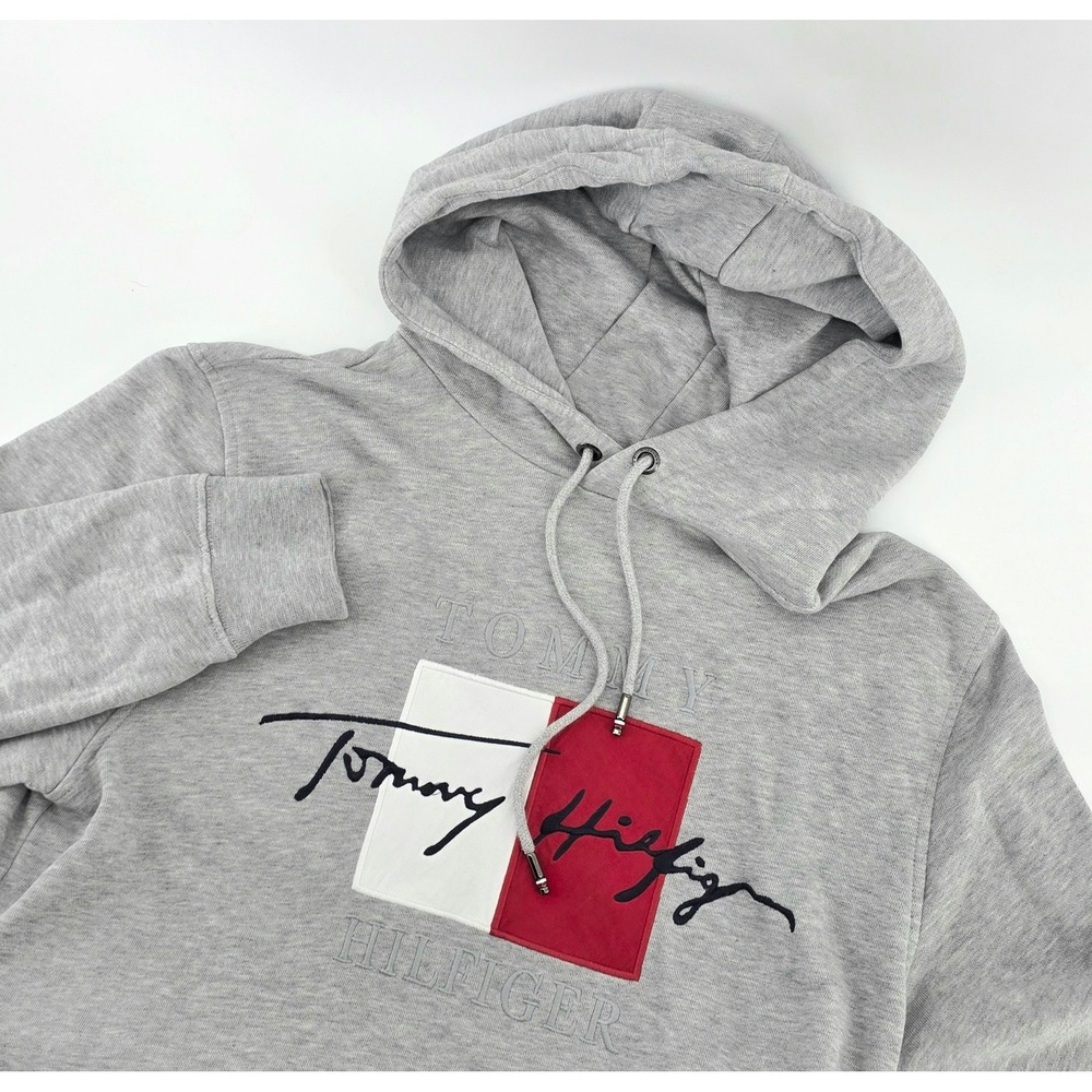 Tommy Hilfiger Preppy Grey Hoodie Sweatshirt Size M Mens Script Logo Flag Patch
